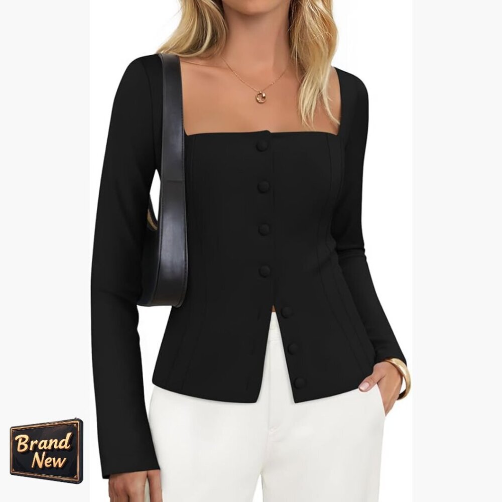 Fitted Square Neck Blazer Long Sleeve Slim Fit Work Business Casual
